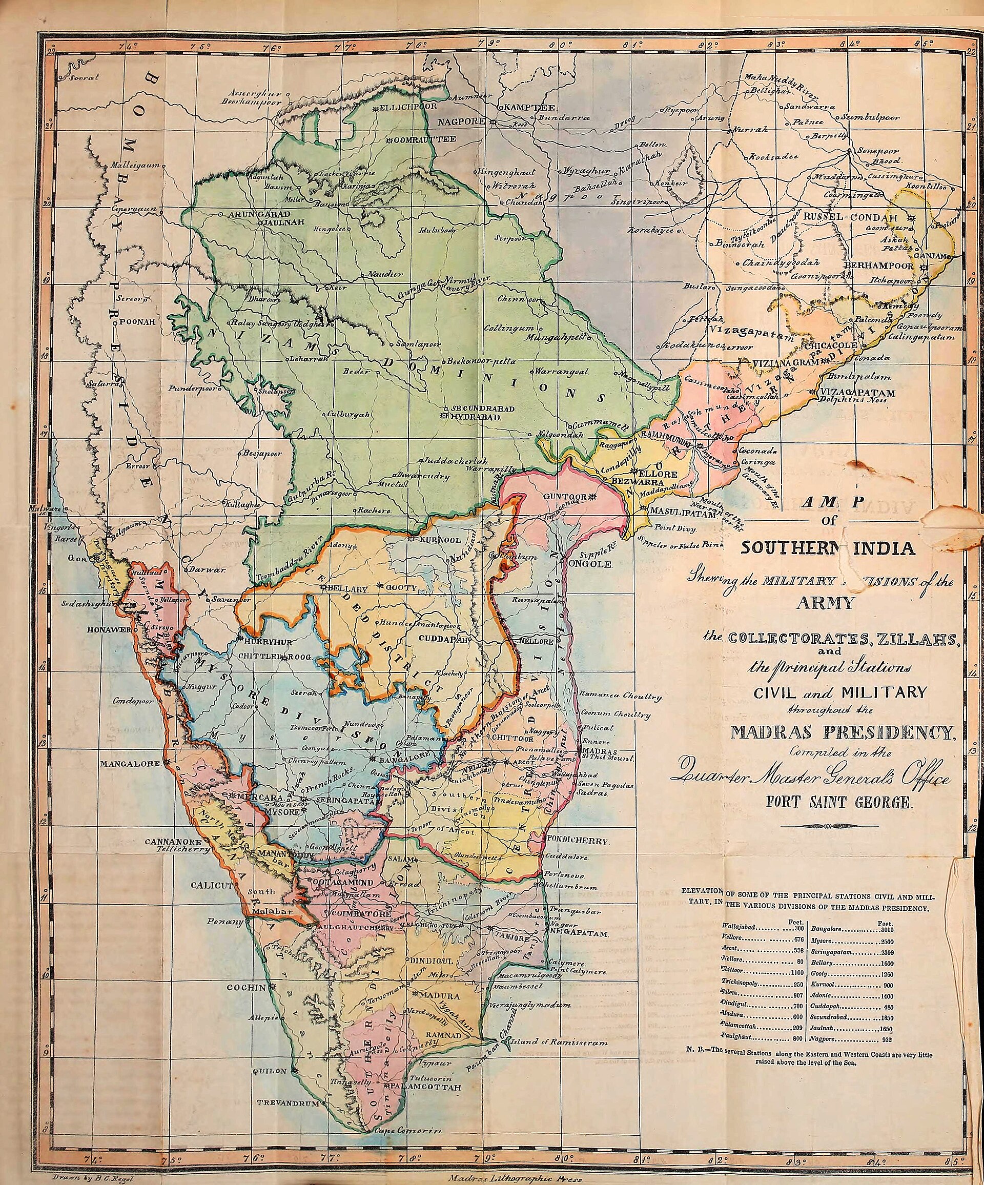 An 1843 map of southern India showing Trichinopoly and Dindigul within the Madras Presidency