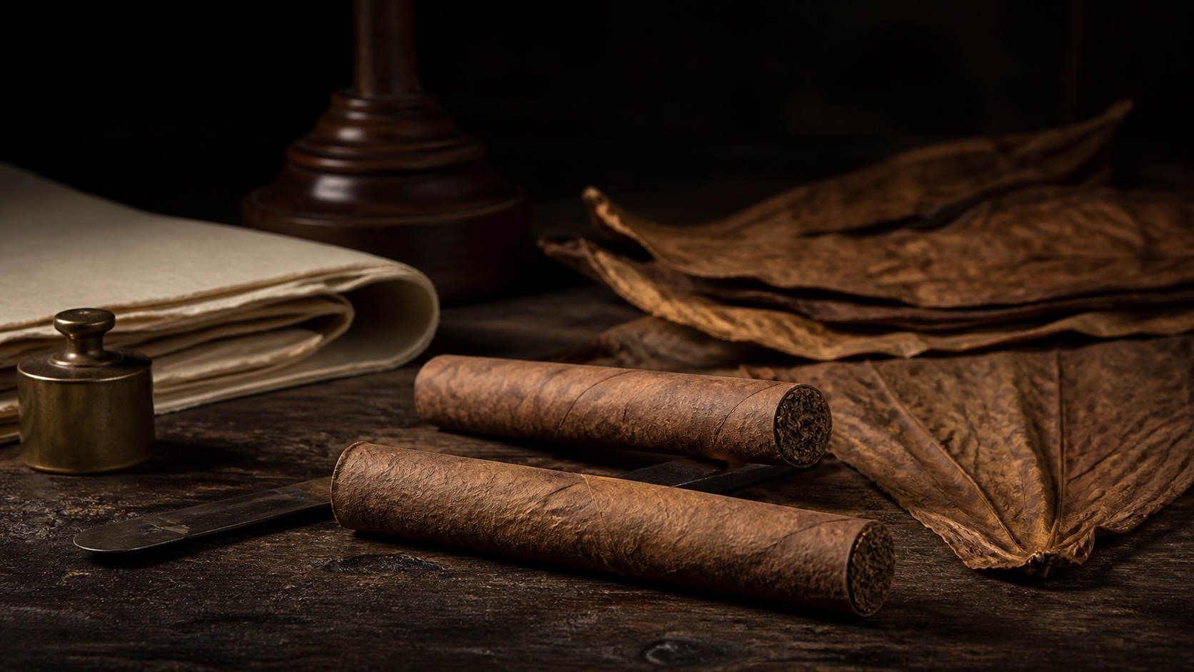 Two unlit cylindrical cheroots with straight-cut ends beside cured tobacco leaves and a rolling knife on a dark wooden table